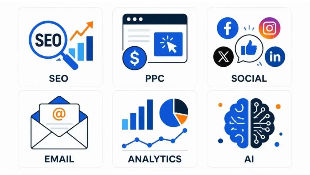 Digital marketing services: SEO, PPC, social media, content, analytics, AEO