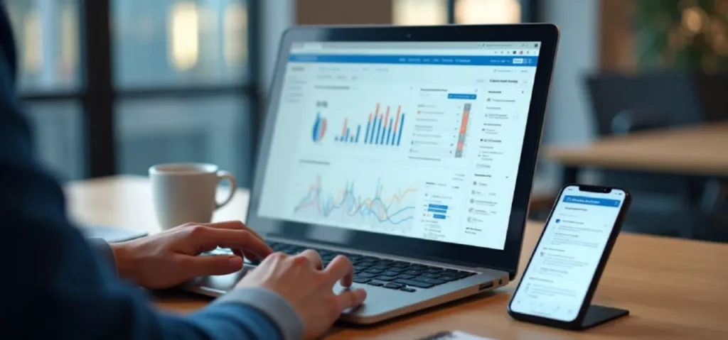 Digital marketer reviewing customer data collection and management on a laptop in an office.