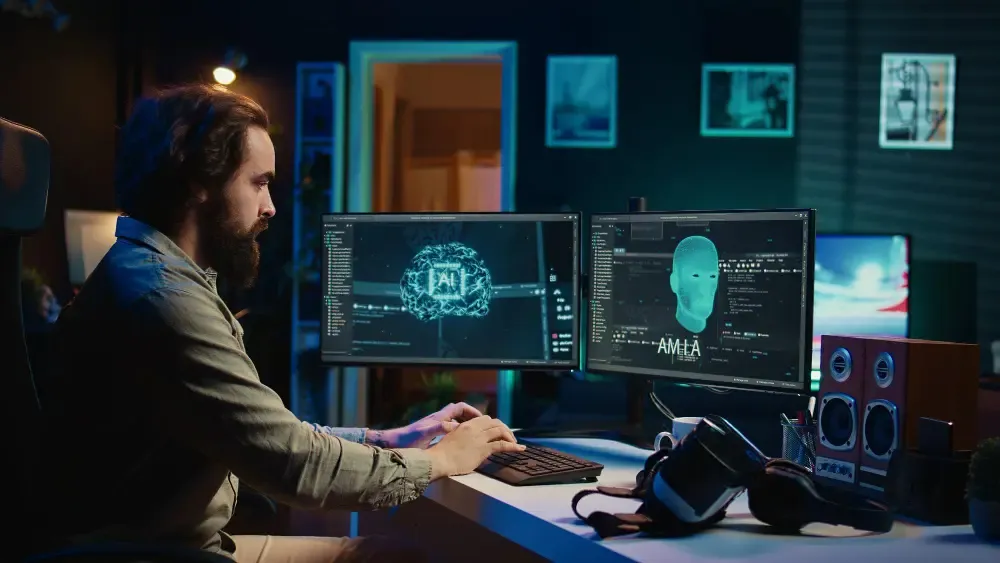 Developer at a dual-monitor workstation reviewing AI brain graphics, code, and a 3D head model with headphones and VR headset on the desk.