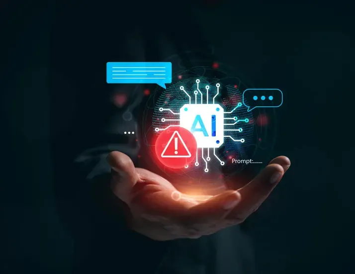Hand beneath a glowing holographic AI chip with a red warning icon, chat bubbles, globe, and prompt text—caution around AI hype.