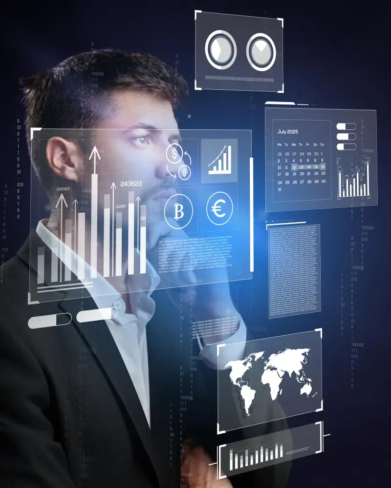Professional reviewing glowing holographic dashboards—markets, analytics, calendars, and maps—against a dark blue digital backdrop.