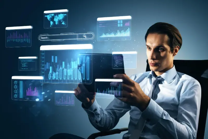 Consultant with a tablet surrounded by floating holographic charts, a world map, search bar, and data panels.