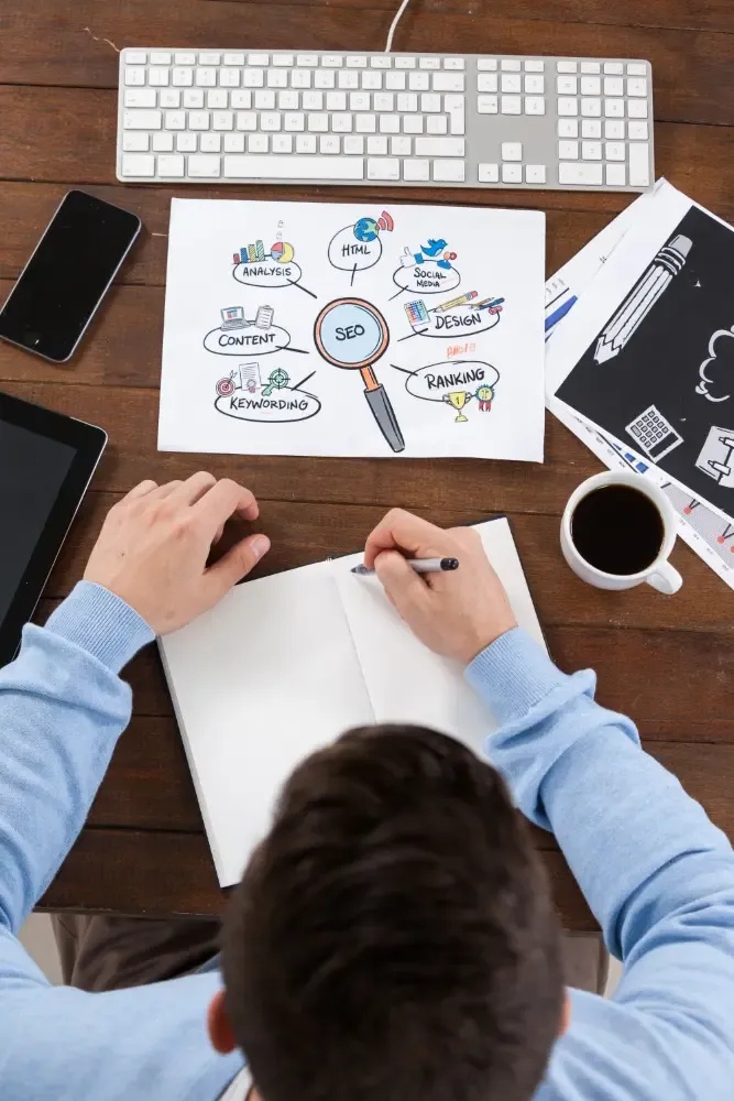 Overhead view of a planner writing in a notebook beside a hand-drawn SEO strategy mind map, keyboard, devices, and coffee on a wooden desk.