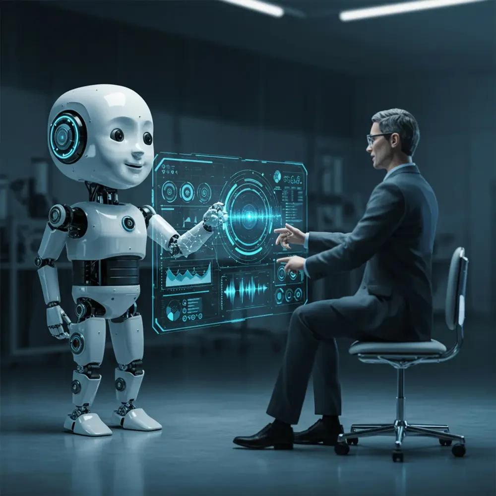 White humanoid robot and a consultant in a suit collaborating at a glowing blue holographic data display in a modern office.