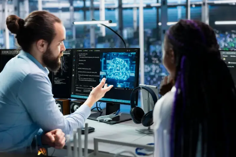 Two specialists collaborating at a workstation reviewing code and a glowing AI brain visualization on screen.