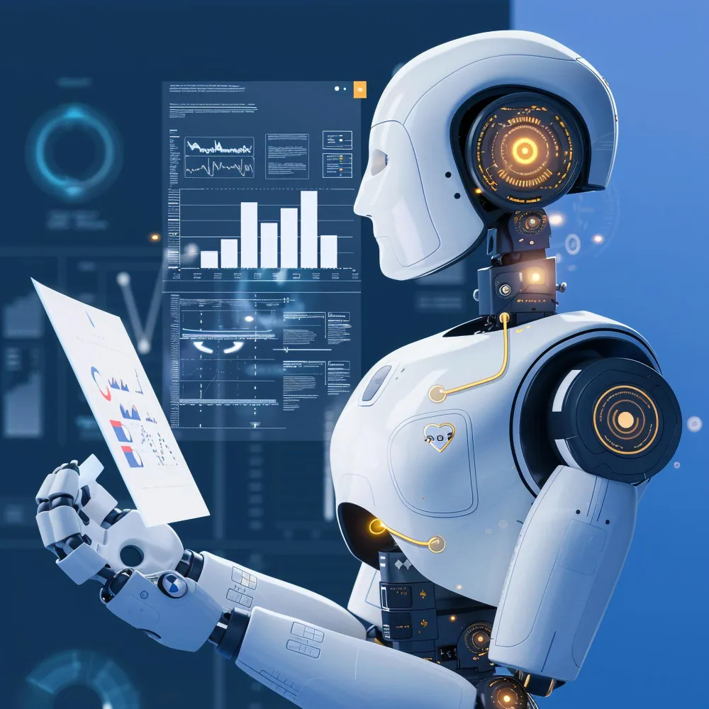 Futuristic white humanoid robot reviewing analytics charts on a tablet against a blue holographic data interface.