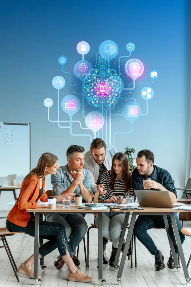 Team collaborating around a desk with a glowing AI brain and connected tech icons above them.