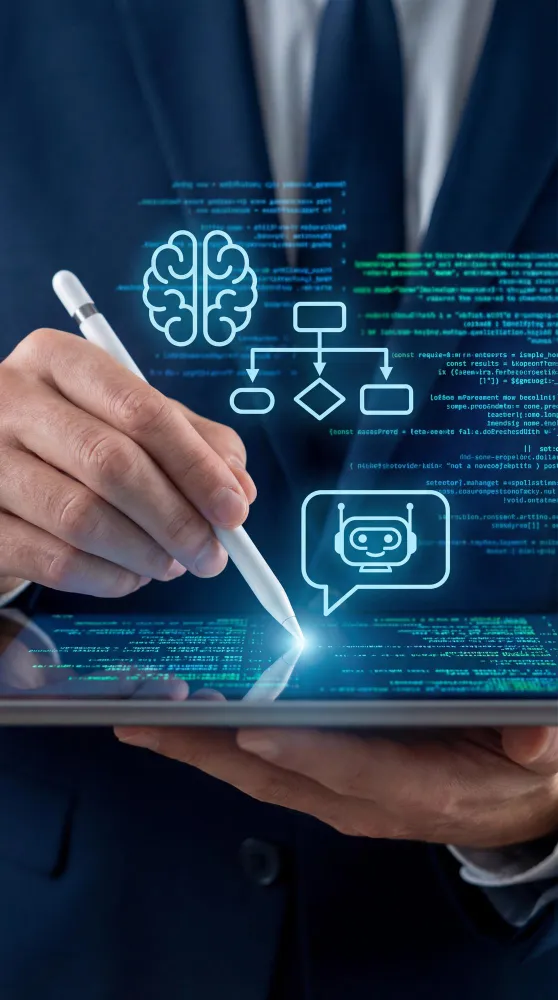 Professional using a tablet with glowing AI icons for strategy, workflows and conversational assistants.