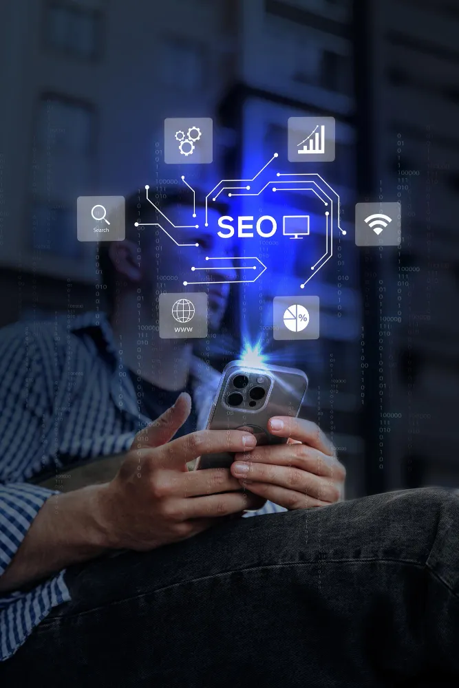 Smartphone projecting a glowing blue SEO interface with search, analytics and connectivity icons.