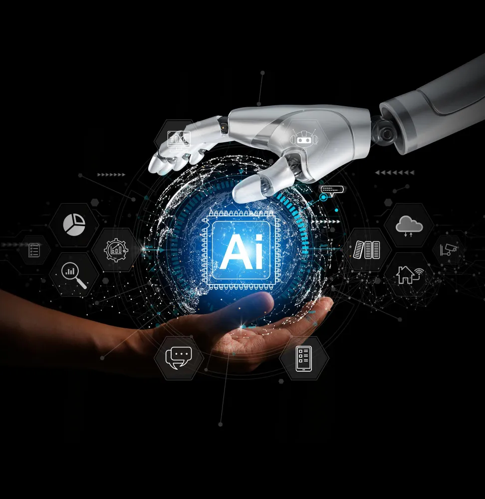 Human and robotic hands framing a glowing AI sphere with analytics and cloud icons on a dark background.