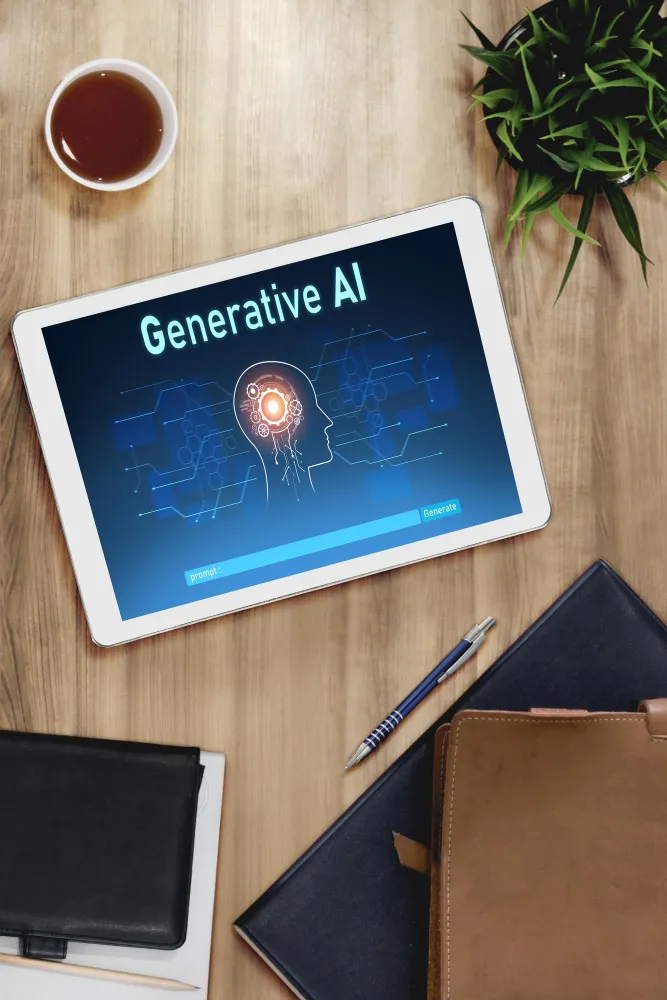 Tablet on a desk showing a Generative AI interface with prompt field and generate button beside notebooks and coffee.