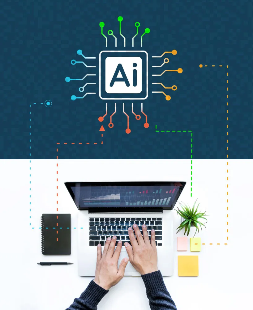 Split graphic linking an AI chip icon to hands typing on a laptop showing charts and analytics on a desk.