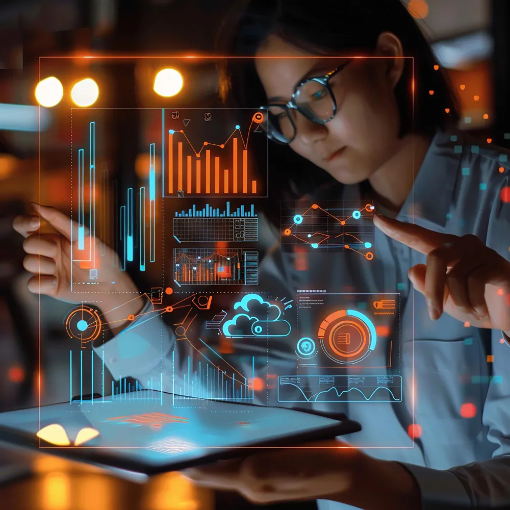 Analyst interacting with a glowing holographic dashboard of charts and metrics projected from a tablet.