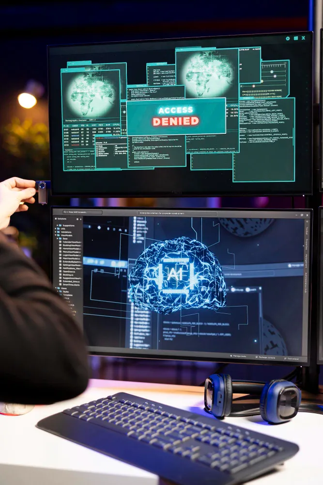 Dual-monitor desk setup with analytics interfaces and a glowing AI brain graphic alongside development tooling.