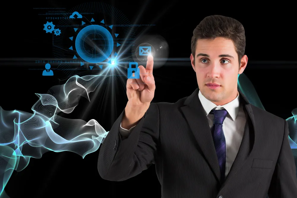 Business professional interacting with a glowing blue digital hub showing security, cloud and connectivity icons.