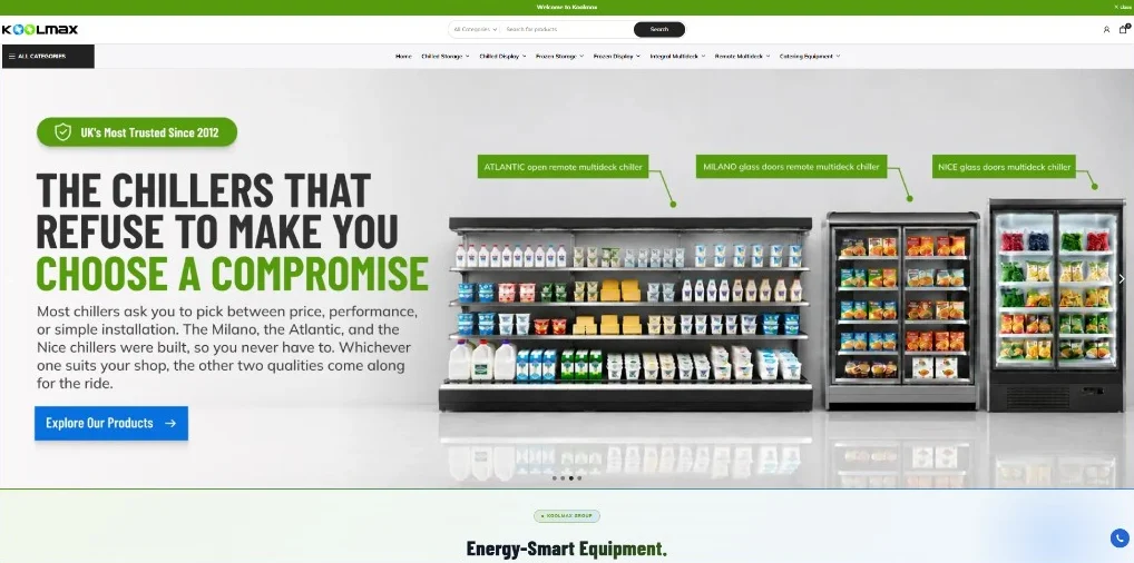Koolmax homepage featuring Atlantic, Milano and Nice chillers