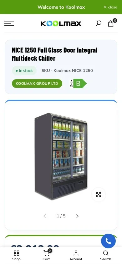 Koolmax NICE 1250 multideck chiller product page on mobile