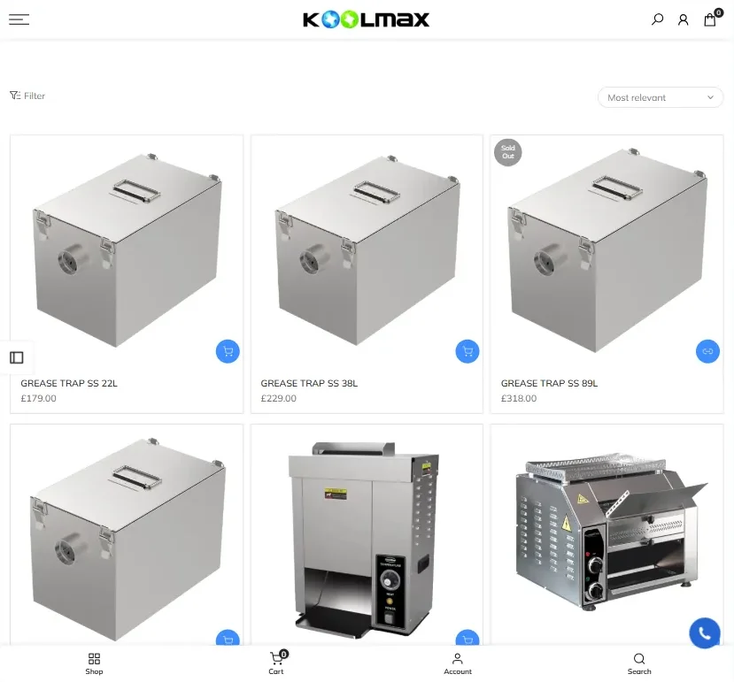 Koolmax Shopify collection page on mobile with commercial catering products