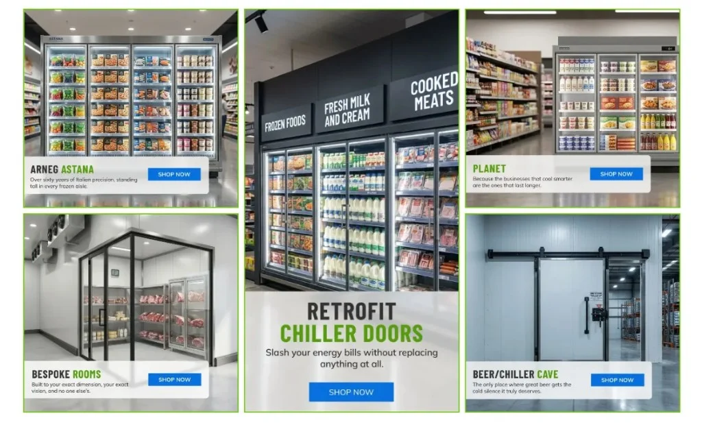 Koolmax homepage collections: Arneg Astana, retrofit chiller doors, Planet, bespoke rooms and beer caves