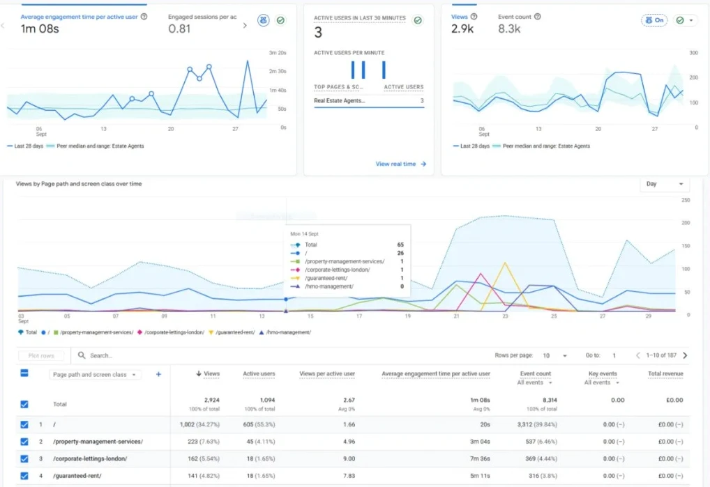Google Analytics views by page for Real Estate Agents London, including dedicated property service pages, September 2026