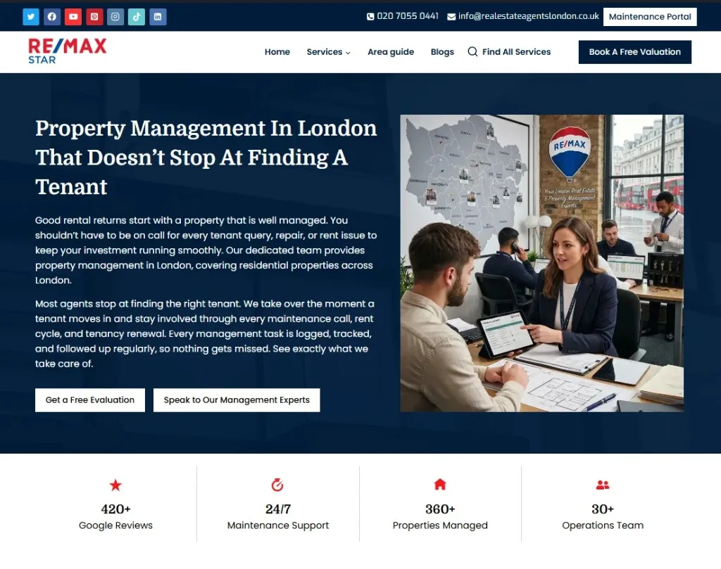 Dedicated property management landing page for Real Estate Agents London