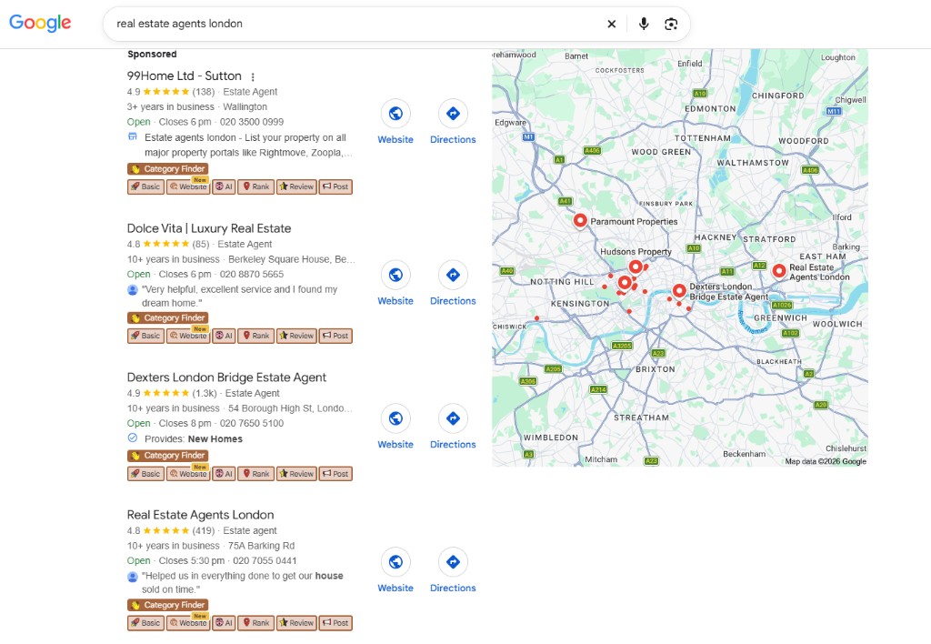 Google local pack results for real estate agents london showing Real Estate Agents London in the map listings
