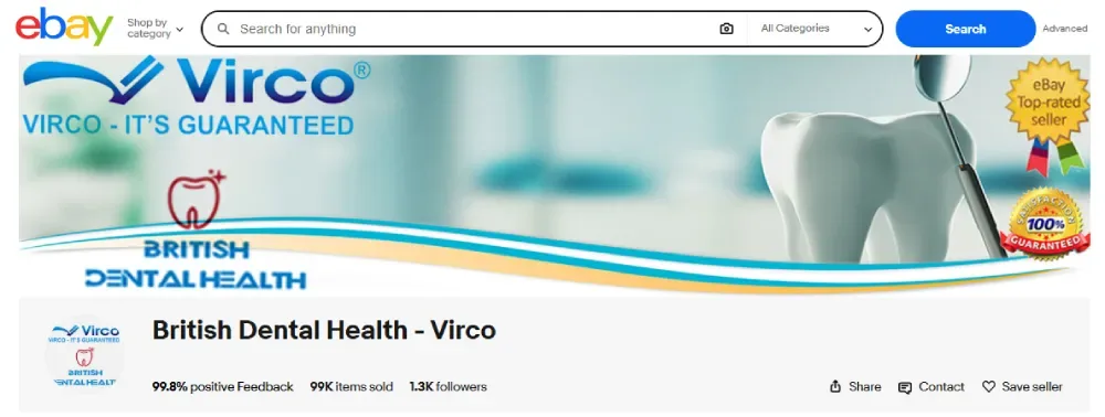 British Dental Health (Virco) eBay store with 99.8% positive feedback and 99K items sold