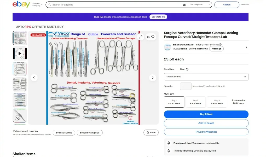 British Dental Health (Virco) surgical tweezers and scissors listing on eBay