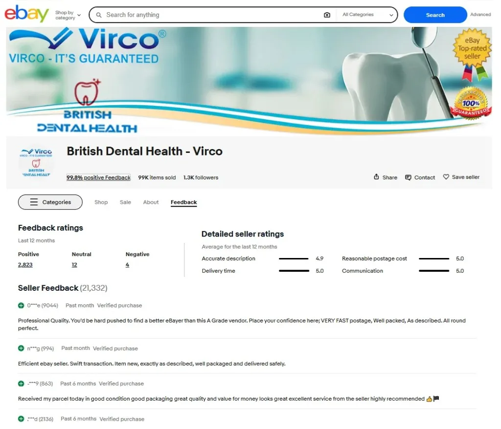 British Dental Health (Virco) eBay feedback: 99.8% positive, 99K items sold and 4.9 to 5.0 detailed seller ratings