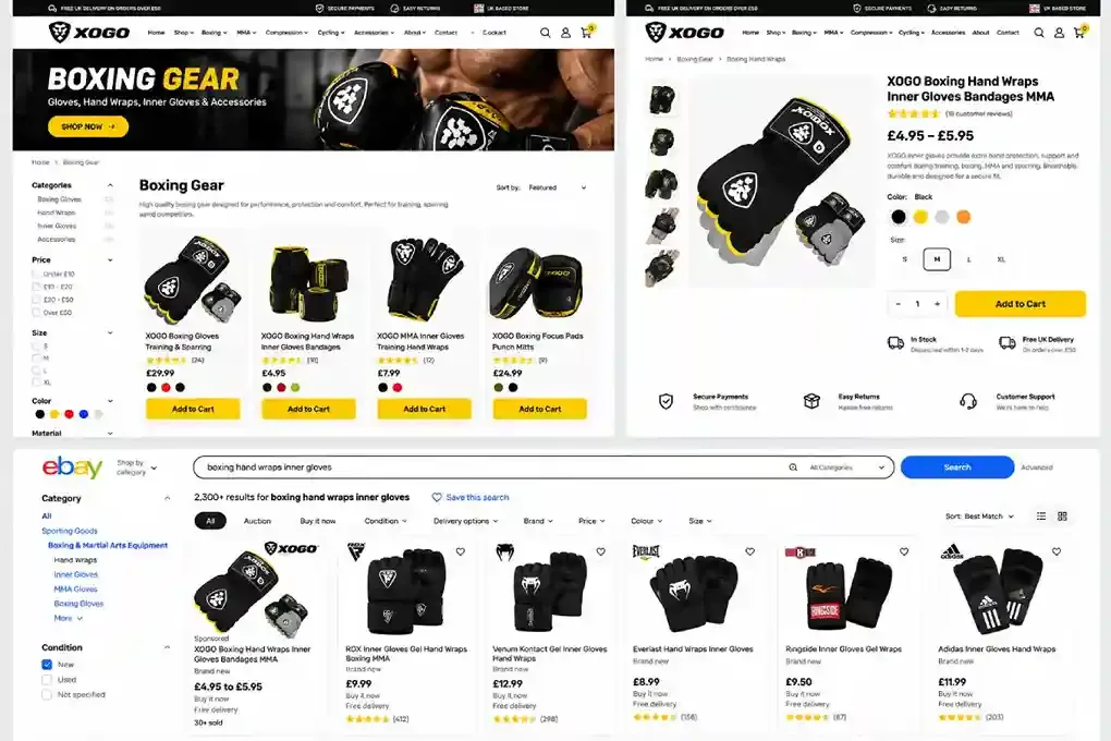XOGO Sports website category and product pages alongside its eBay search listing