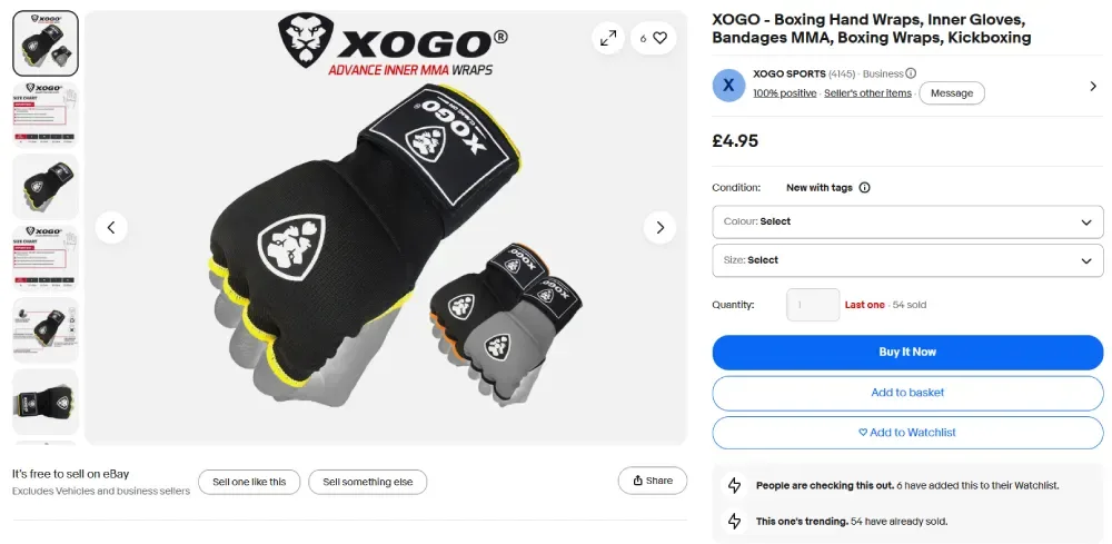 XOGO boxing hand wraps listing on eBay