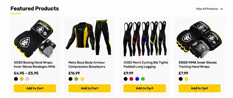 XOGO Sports featured products: boxing hand wraps, compression baselayers, cycling bib tights and MMA inner gloves
