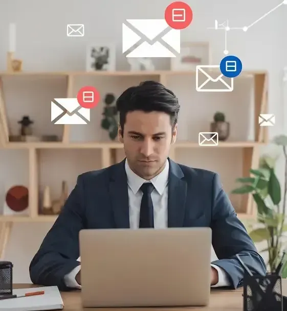 Professional at laptop with floating email and message icons