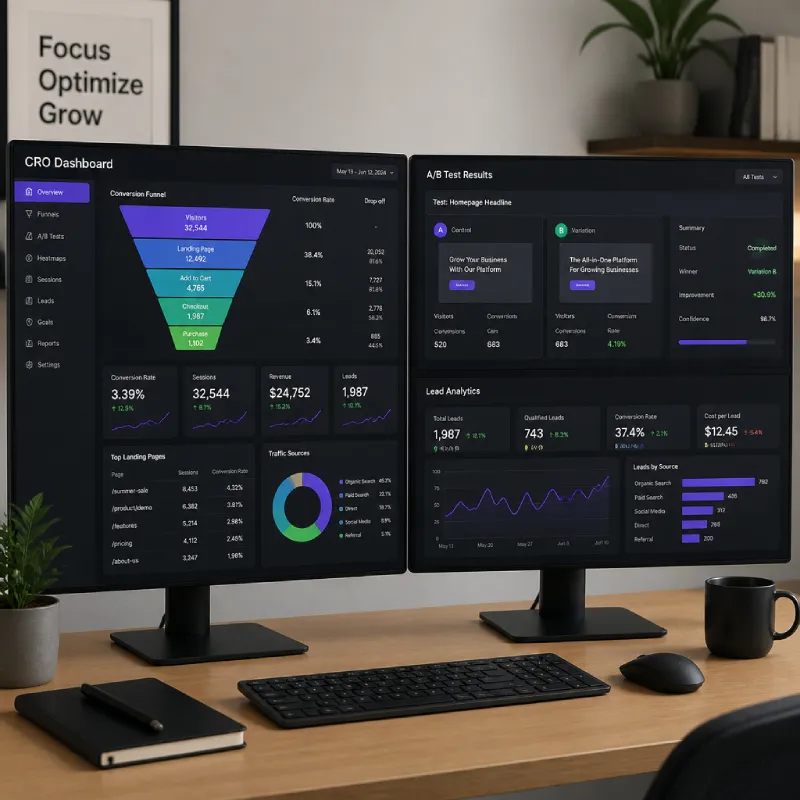 Dual monitors on a desk showing CRO dashboards with conversion funnels, A/B test results and lead analytics.