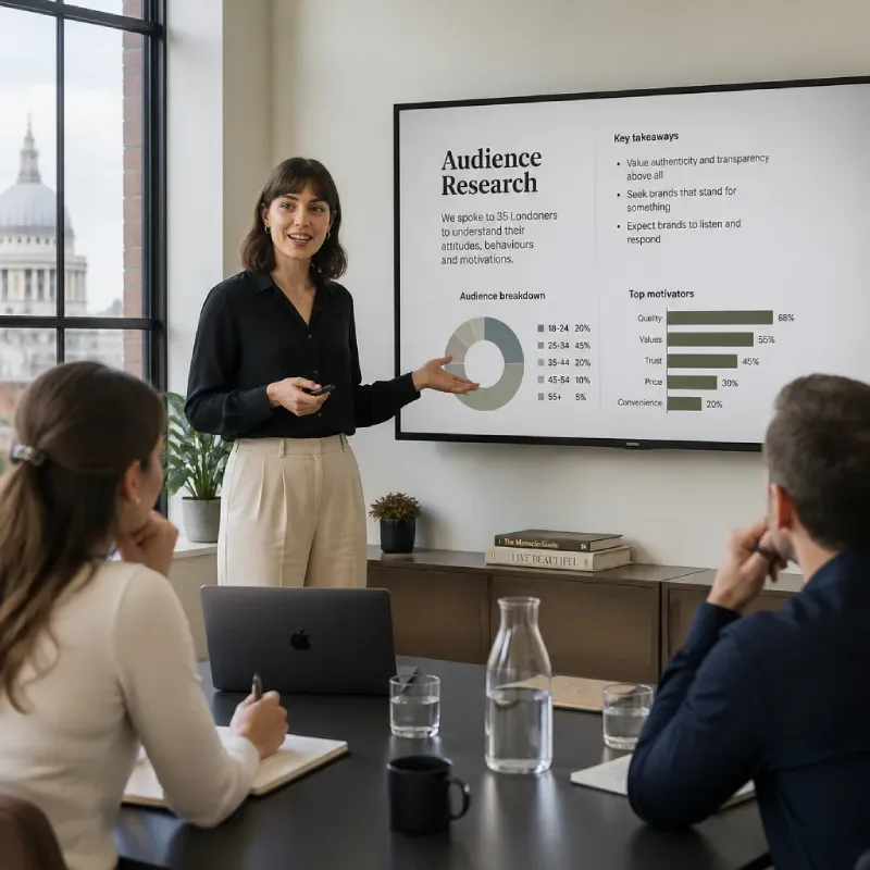 Copywriting team presenting audience research and strategy in a bright UK office with St Paul's Cathedral visible through the window.