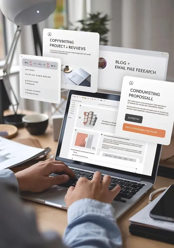 Copywriter working on website copy and content strategy at a laptop with project review cards.