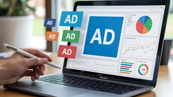 Digital marketer reviewing paid ad copy performance on a laptop dashboard with campaign analytics.