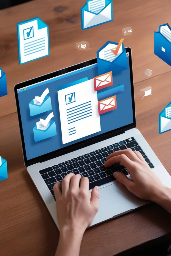 Hands typing an email sequence with a large envelope on screen.