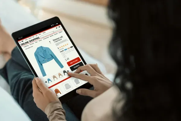 Shopper browsing an online store product page on a tablet, showing product and category page copy in action.