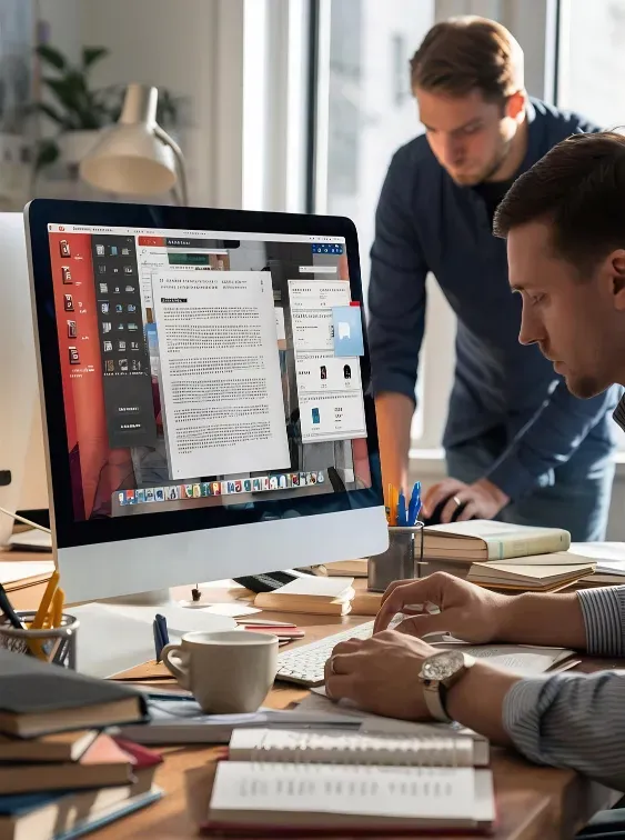 Copywriting team collaborating on website copy at a desk with an iMac in a bright office.