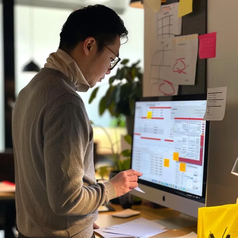 Analyst reviewing website analytics and conversion data on a desktop monitor at a desk.