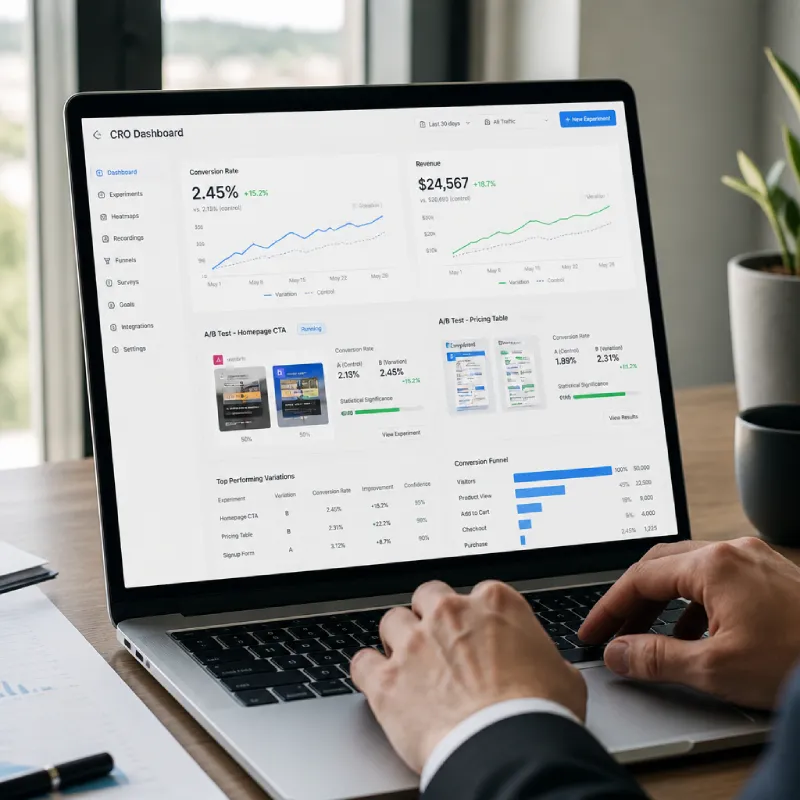 Person typing on a laptop showing a CRO dashboard with conversion rates, A/B test results and funnel analytics.