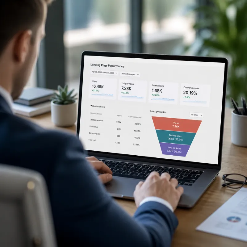 Professional reviewing a landing page performance dashboard with conversion rates, funnel views and submission metrics on a laptop.