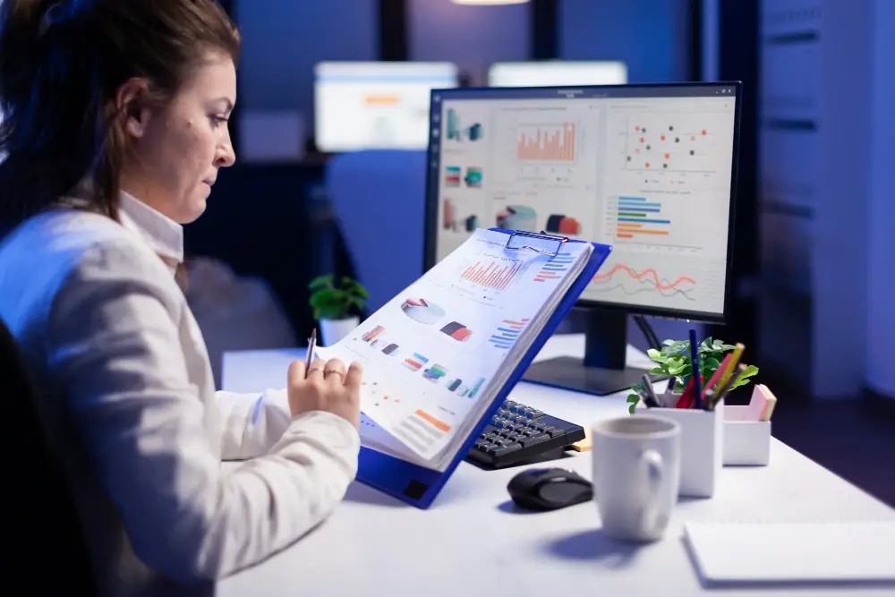 Digital PR team analysing survey data and research for a data-led PR campaign.