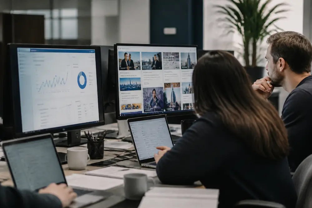 Digital PR team reviewing editorial coverage and backlink opportunities for a UK brand.