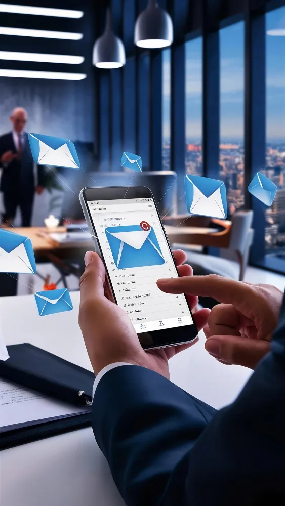 Professional holding a smartphone at night with floating blue email envelope icons around the screen.
