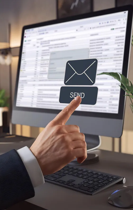 Hand touching a floating send button and envelope icon in front of an email inbox monitor.
