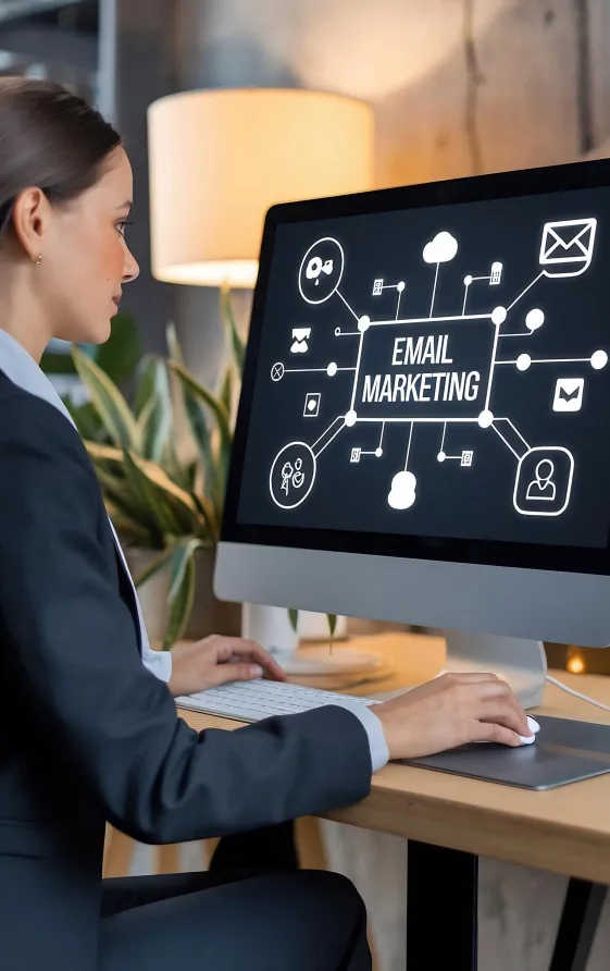 Professional woman at a computer with email marketing workflow icons on screen.
