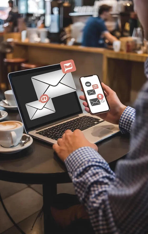 Person in a cafe using a laptop and smartphone with email icons on both screens.