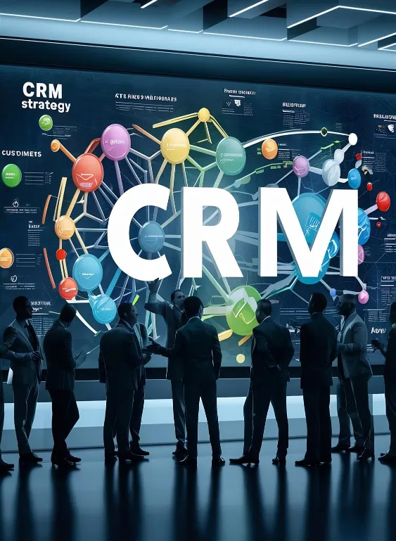Team viewing a large CRM strategy network diagram on a digital display.